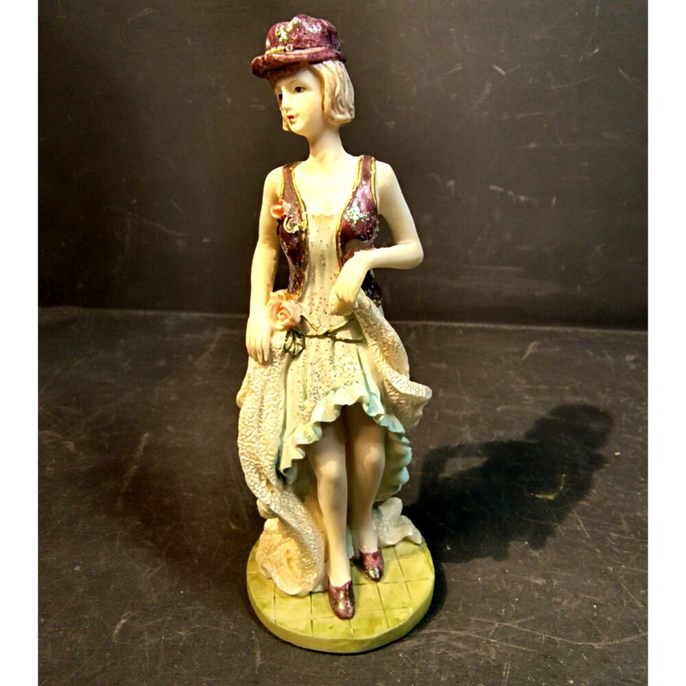 2116.  Vintage Style 1920s Flapper Girl Figurine Burgundy Teal Cream Deco 5.5 In